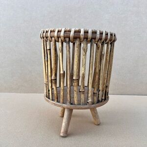 Small Brown Natural Wood Bamboo Planter Basket Plant Holder Round Decor